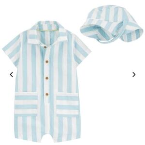 NWT Carter's 2 Pc Blue and White Stripe Sunsuit With Hat ~12M